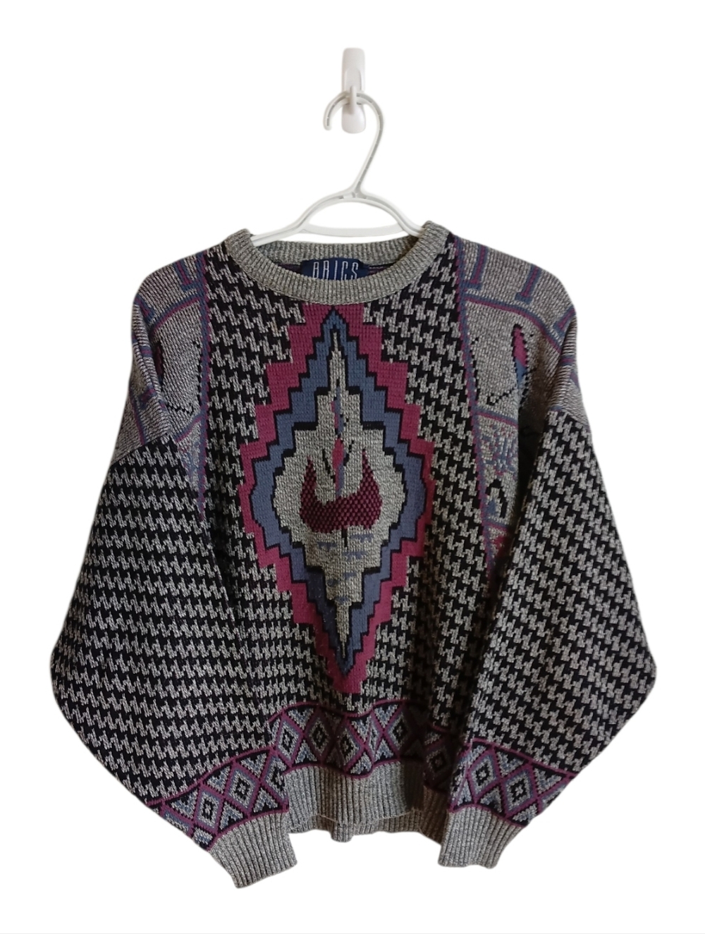 Vintage 80s 90s Bric's Purple & Gray Geometric Crewneck Sweater Med Grandmacore